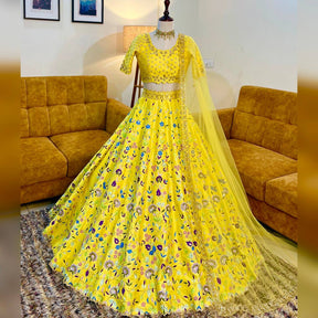 Lemon Yellow Colour Embroidered Attractive Party Wear Silk Lehenga choli SD 1055