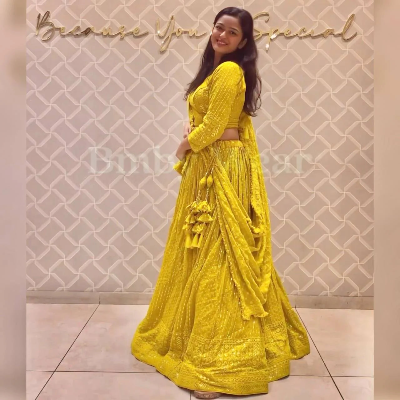 Lemon Yellow Colour Embroidered Attractive Party Wear Silk Lehenga SD 1059