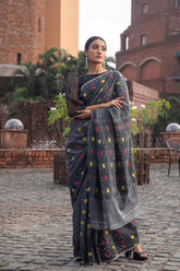 Elegant Black Linen Cotton Banarasi Silk Saree with Intricate Weaving Details