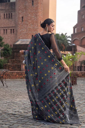 Luxurious Black Linen Cotton Banarasi Silk Saree with Exquisite Weaving Patterns