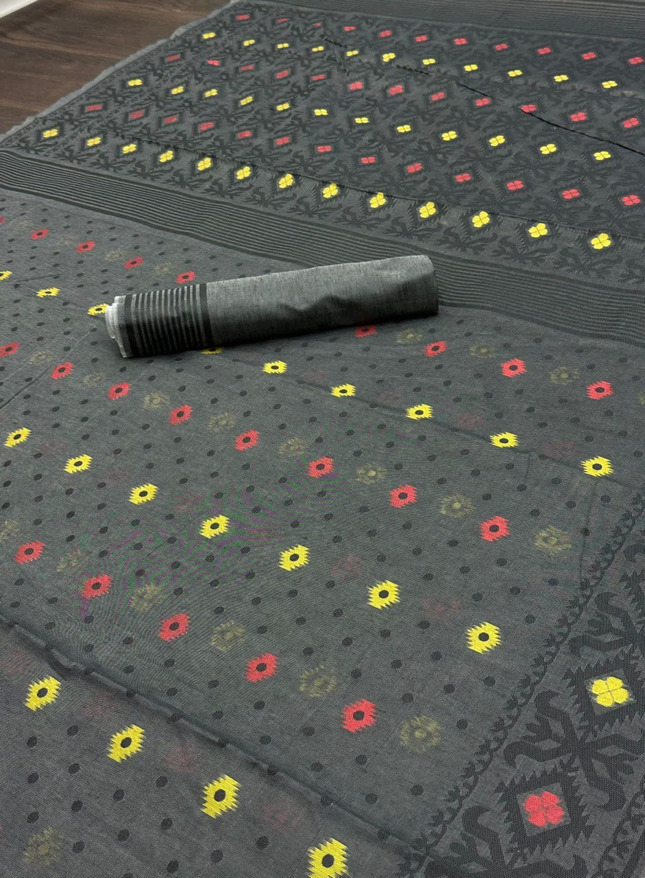 Stylish Black Linen Cotton Banarasi Silk Saree with Unique Slab Weaving Technique